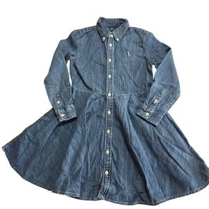Polo Ralph Lauren Girl's 6 Blue Denim Fit‎ and Flare Shirt Dress Flesh Pony Logo